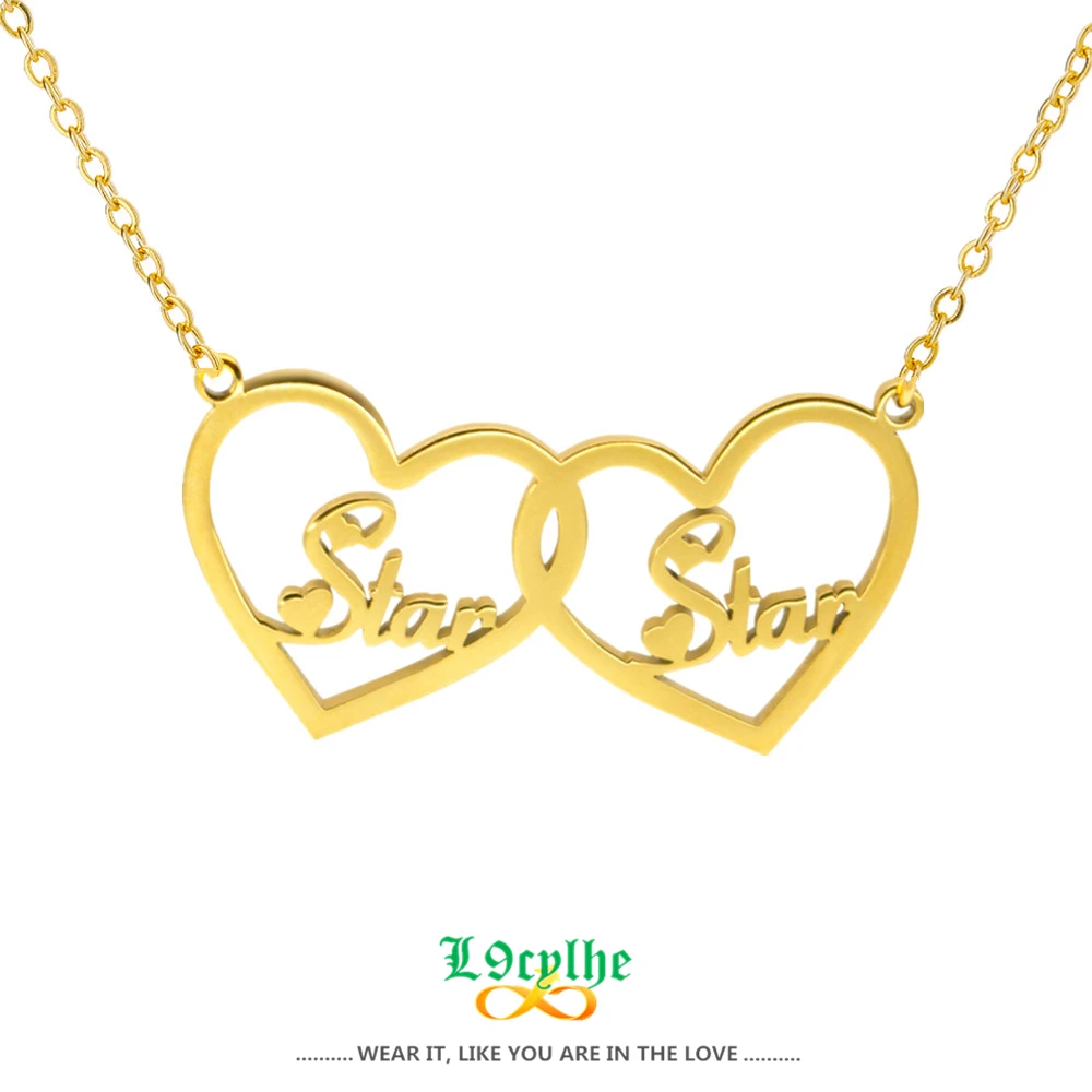 

Customized Double Heart Name Necklace Stainless Steel Personalized Nameplate Necklaces For Women Wedding Gift Boho Jewelry