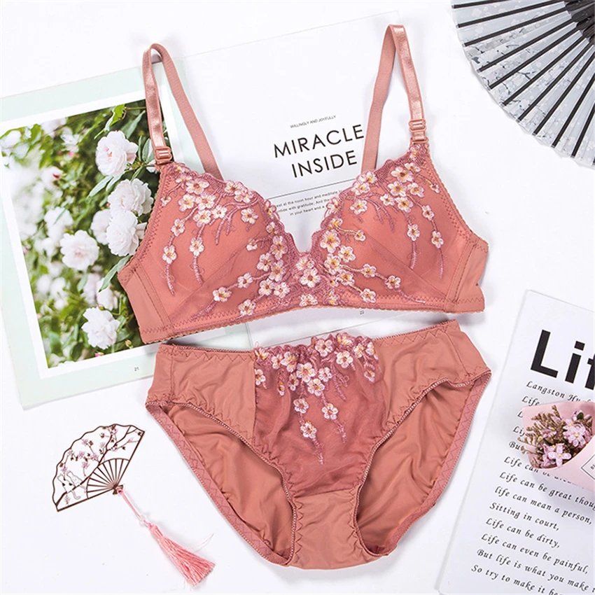 lace bra set New Embroidered Bra And Panty Set Floral Lace Cute Women Underwear Sexy Female Thin AB Cup Push Up Lingerie Suit Sweet Girls lace bra set