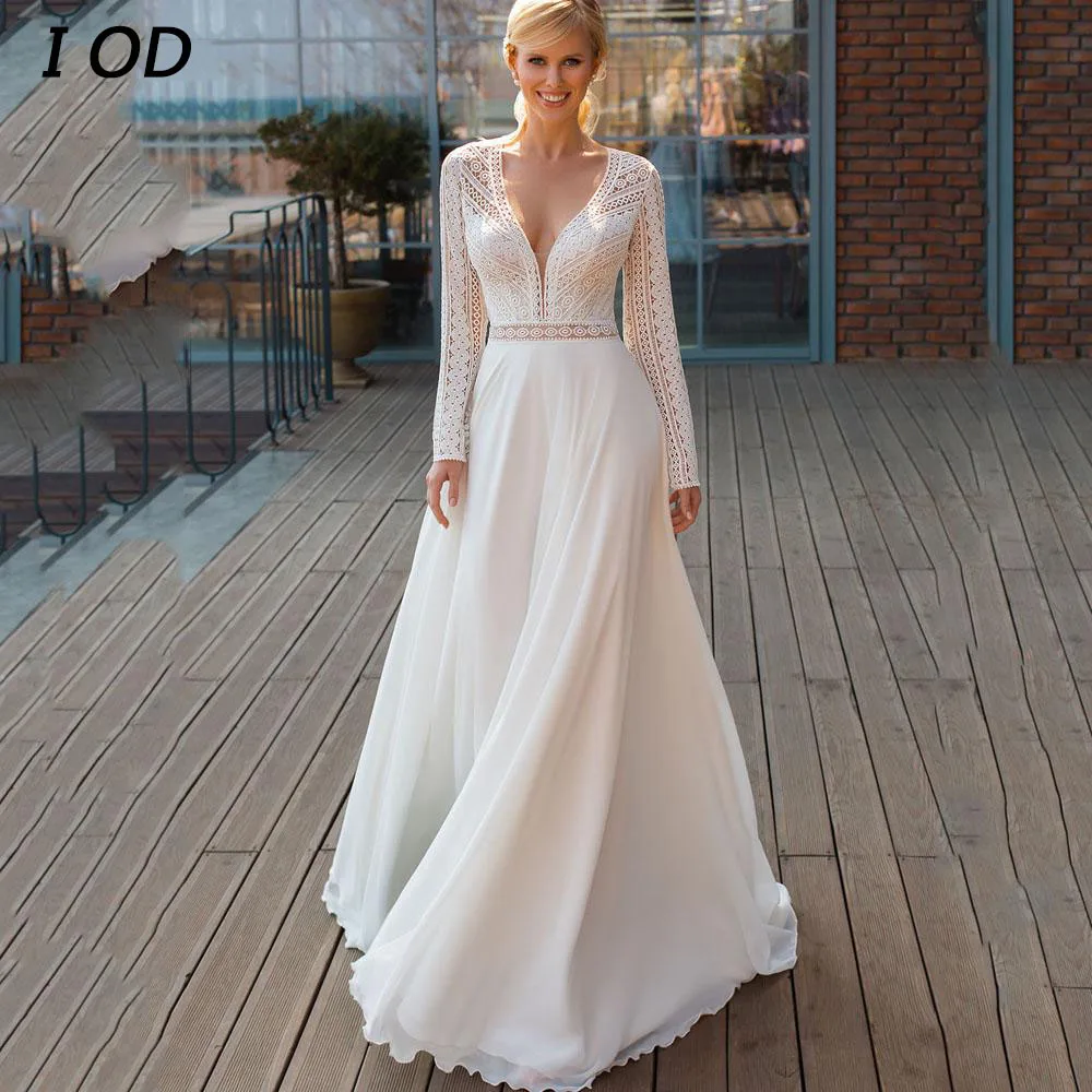 

I OD Boho A-Line Wedding Dress V-Neck Long Sleeves Button Back Pleat Chiffon Bridal Gown Illusion Floor Length Vestidos De Novia