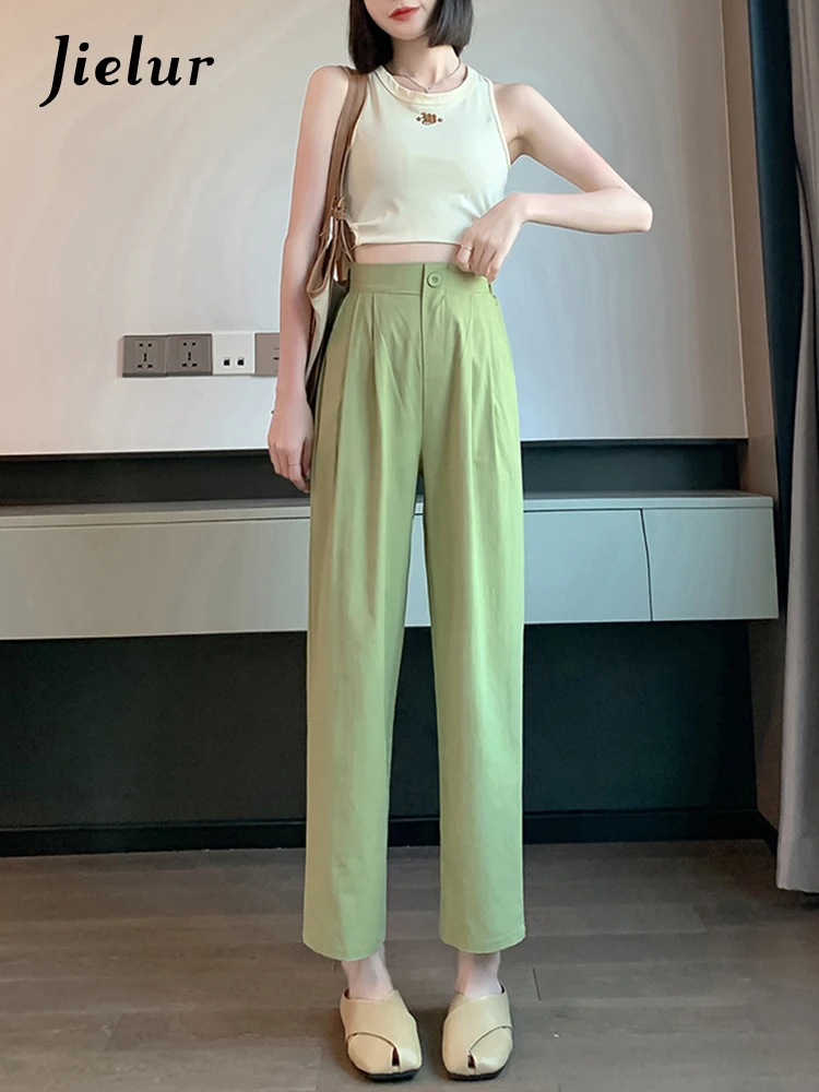 Jielur Solid Color Pants Women Elastic Waist Casual Straight Pants Summer  Slim Loose Black Ice Silk Pants Korean Pink Trousers