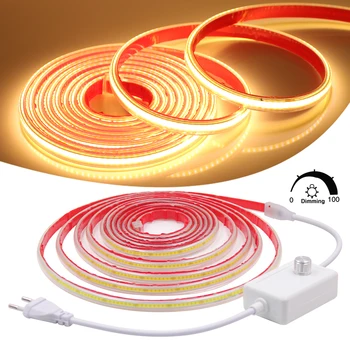LED 스트립 조명 접착제 고휘도 COB LED 리본, 야외 정원 조명용 유연한 LED 스트라이프, IP65 방수, 220V