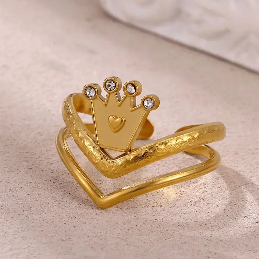 Elegant Zircon Crown Rings Gold Color Stainless Steel Adjustable