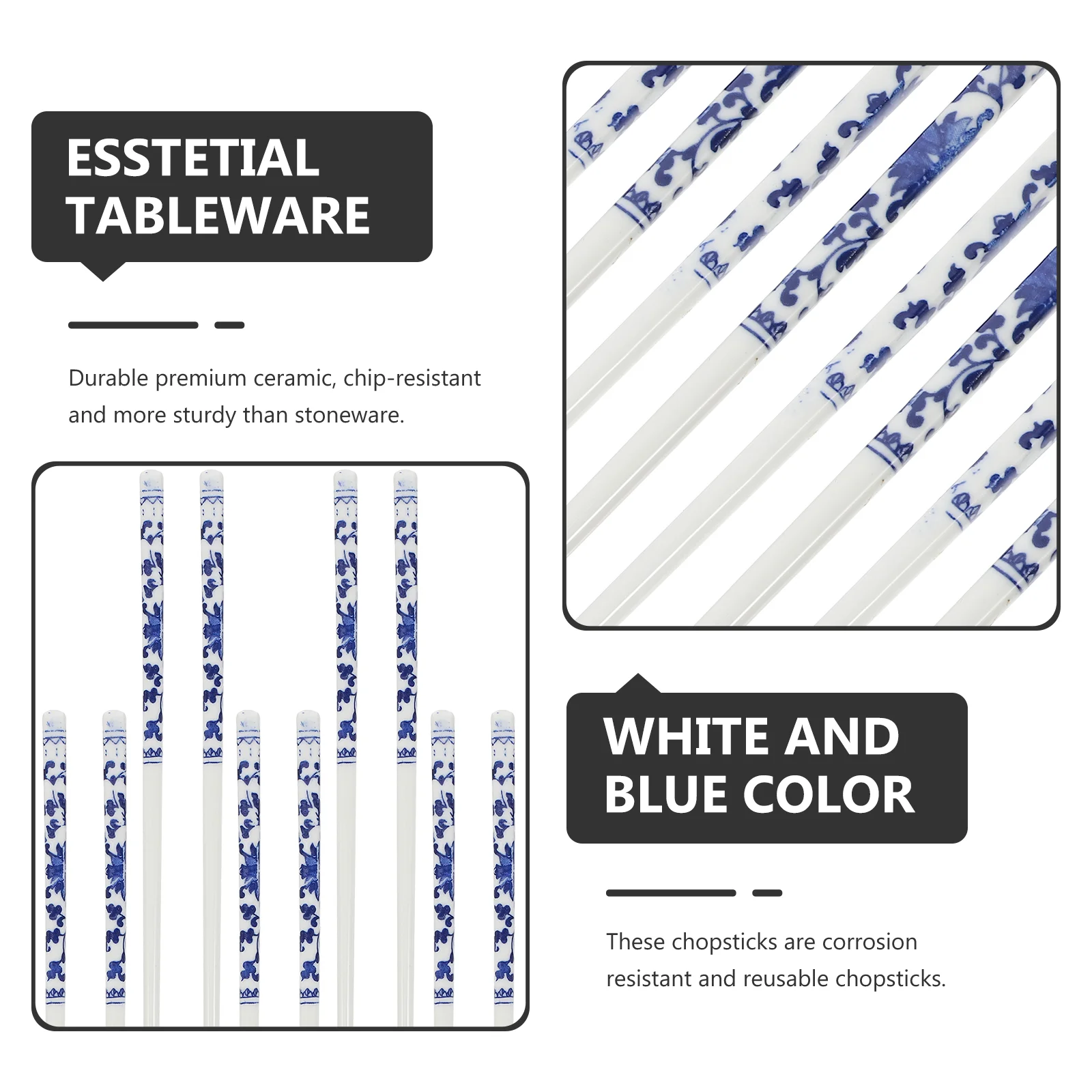10 Pairs Blue and White Porcelain Chopsticks Ceramic Long Chopsticks Chinese Style Tableware for Home Restaurant 5