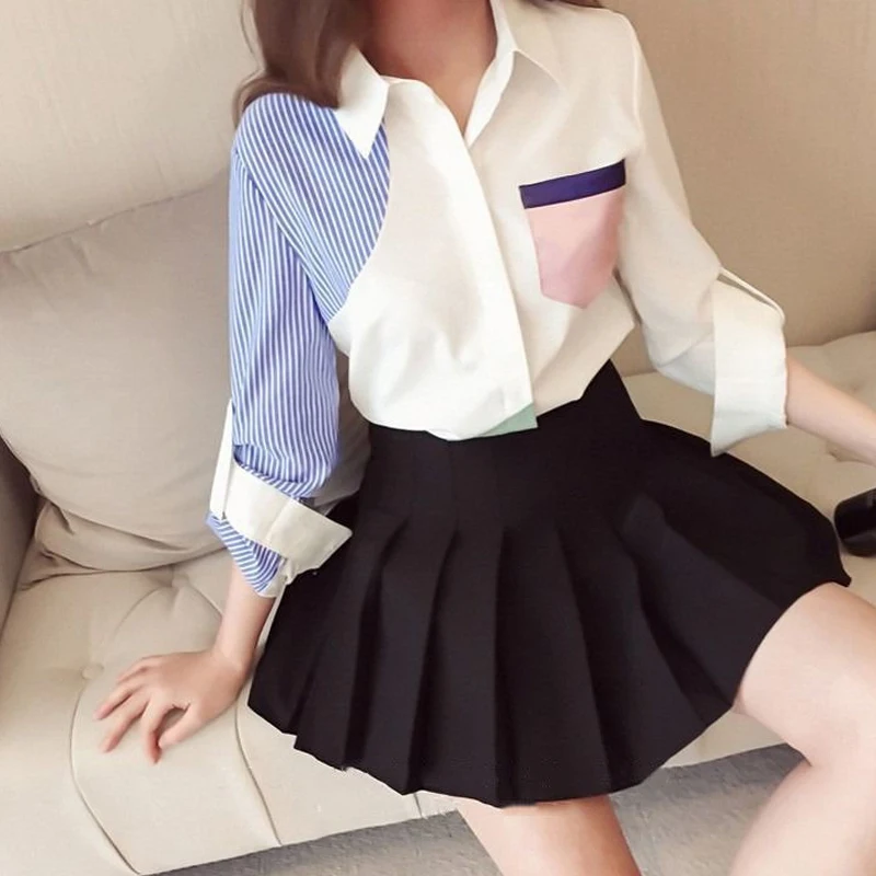 Pockets Patchwork Striped Women's Clothing Fashion Casual Office Lady Loose Button Asymmetrical Turn-down Collar Blouses Simple