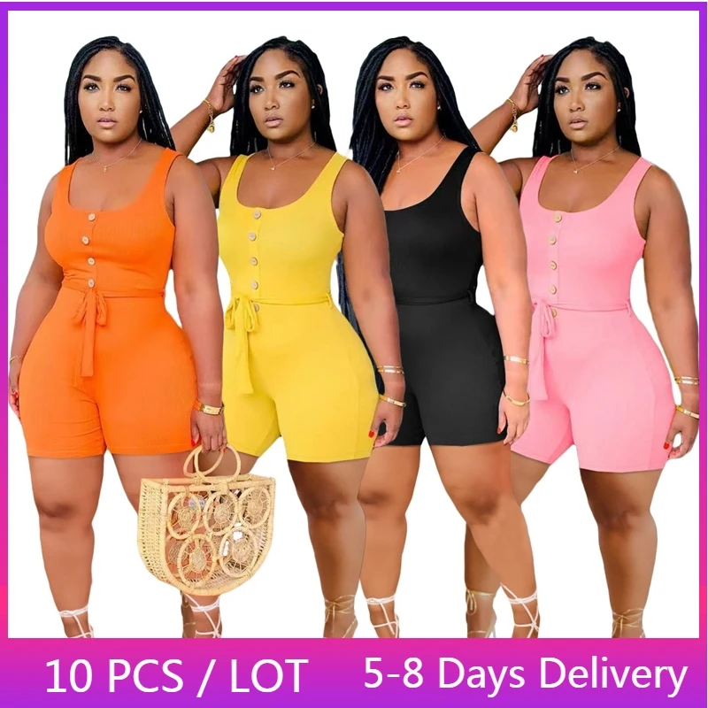 

Wholesale Items Sleeveless Casual One Piece Jumpsuit Streetwear Buttons Sashes Skinny Jumpsuits for Women Rompers Playsuits 3XL