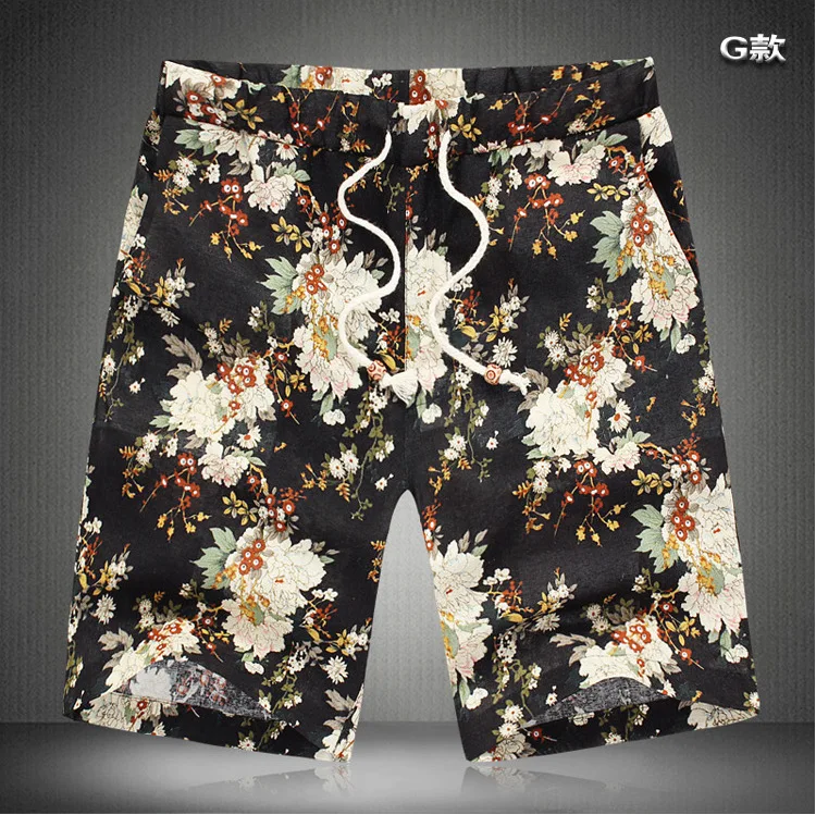

2024 Men's Summer Cotton Linen Quick-Drying Beach Shorts Elastic Waistband Lace-up Printed Casual Shorts
