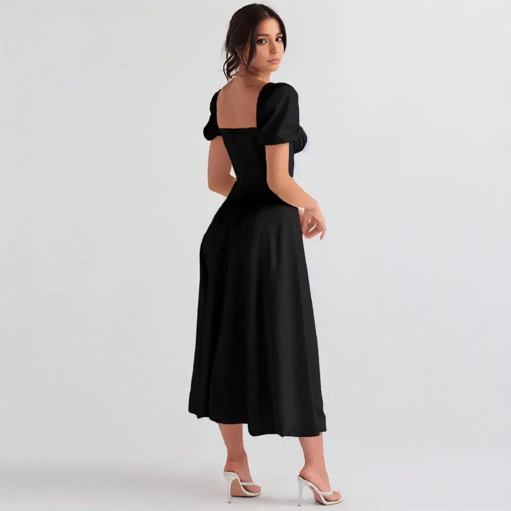 

Party Vacation Dress Elegant Square Neck Midi Dress with Tiered Ruffles Lace-up Strap Detail Women's A-line Pleated for Slim