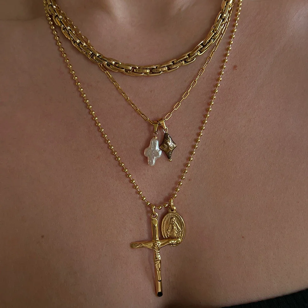 Goth Suffering Jesus Cross Pendant Neckalce Stainless Steel Round Bead Chain Virgin Mary Oval Choker Vintage Jewelry Wholesale