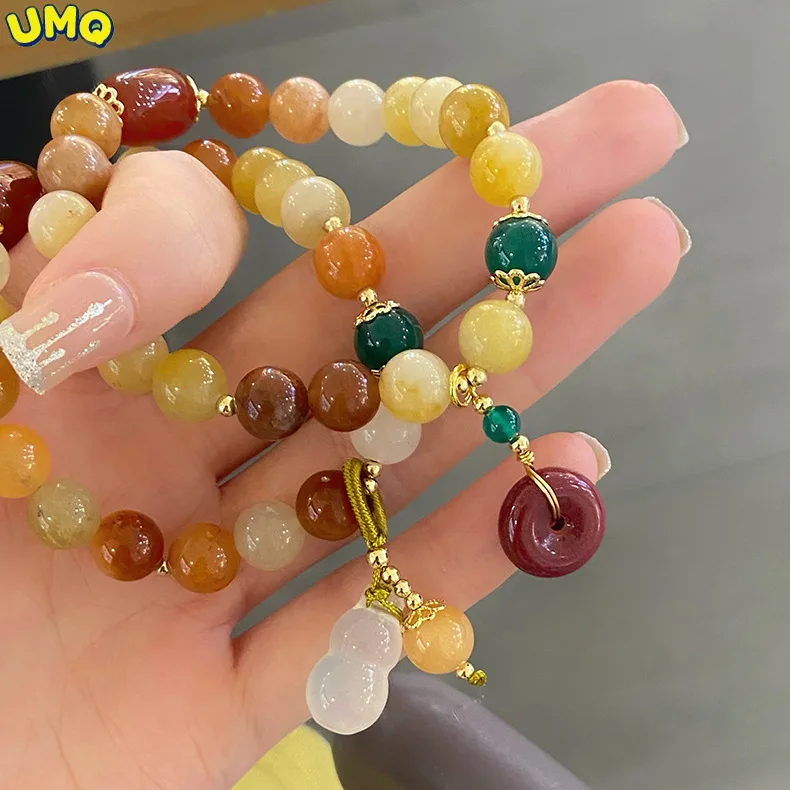 

New Gold Silk Jade Gourd Bracelet Female Chinese National Wind Multi Treasure Cinnabar Safety Clasp