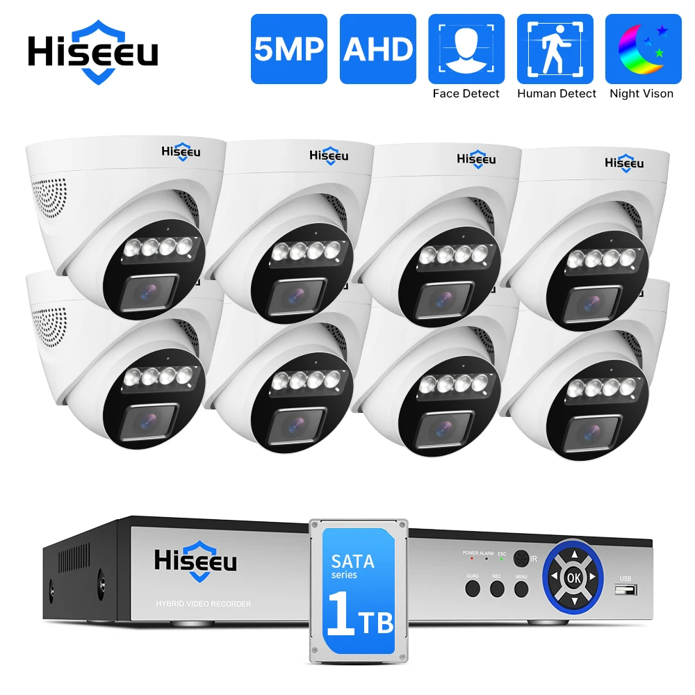 Hiseeu 8 Canali Ahd Dvr Kit 5Mp Sistema Di Telecamere Cctv Parcheggio Di Sicurezza Interna Telecamere Di Sorveglianza Cablate Rilevamento Facciale Xme