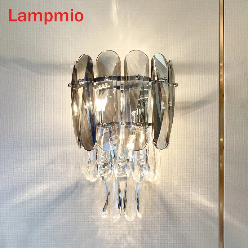 

E14 Luxury Crystal Chrome Wall Sconce For Living Room TV Background Deco Modern Bedroom Copper Wall Lamp With Glass Lampshade