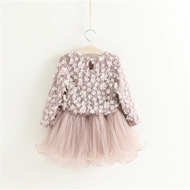 Girls Flower Lace Princess Dress Spring Party Holiday Mesh Tutu Long Sleeve Casual