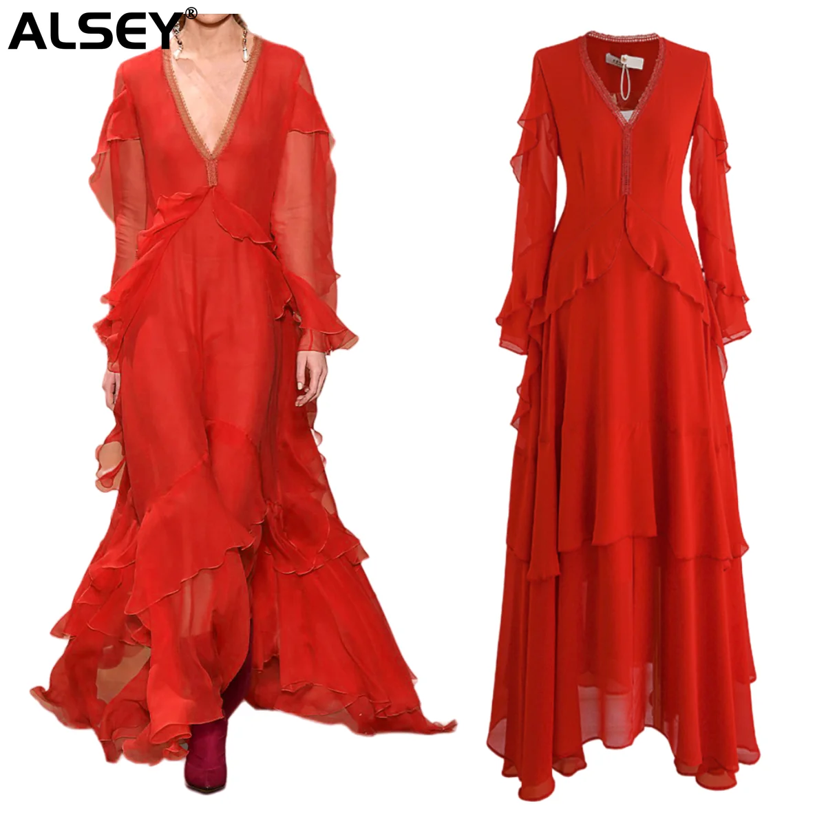 

ALSEY High Quality 2023 Summer Fashion Temperament Retro Red Dress Women's Long Dress V-neck Beach Dress High-end Ruffle Skirt