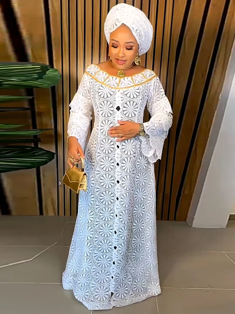 

Wedding Party Lace Dresses For Women African Dubai White Abayas Ruffle Sleeve Loose Boubou Two Piece Set Clothing Evening Gowns