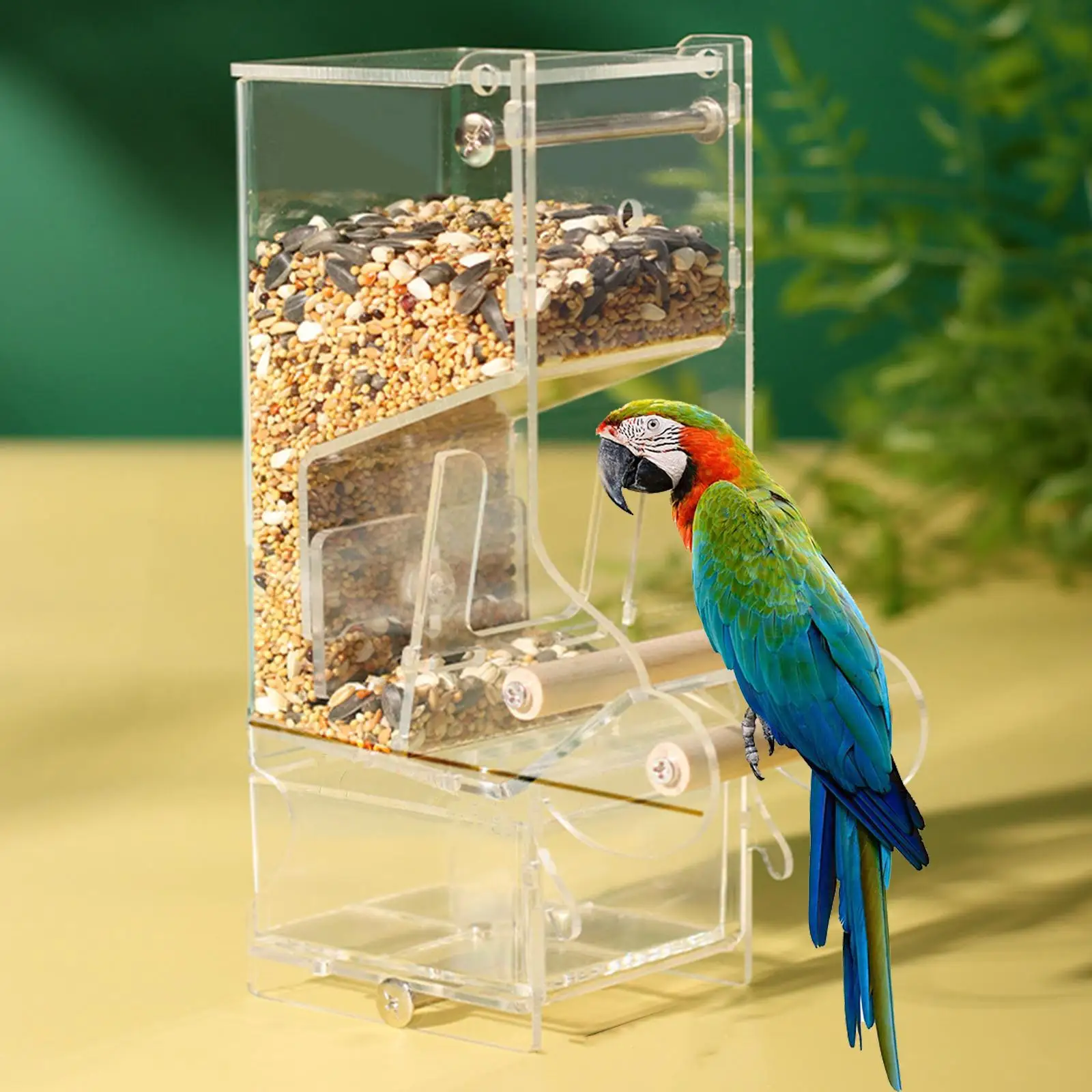 No Mess Bird Feeder Cage Hanging Clean Food Dish with Perch Parrot Feeder for Lovebirds Parakeet Canaries Cockatoo Conure