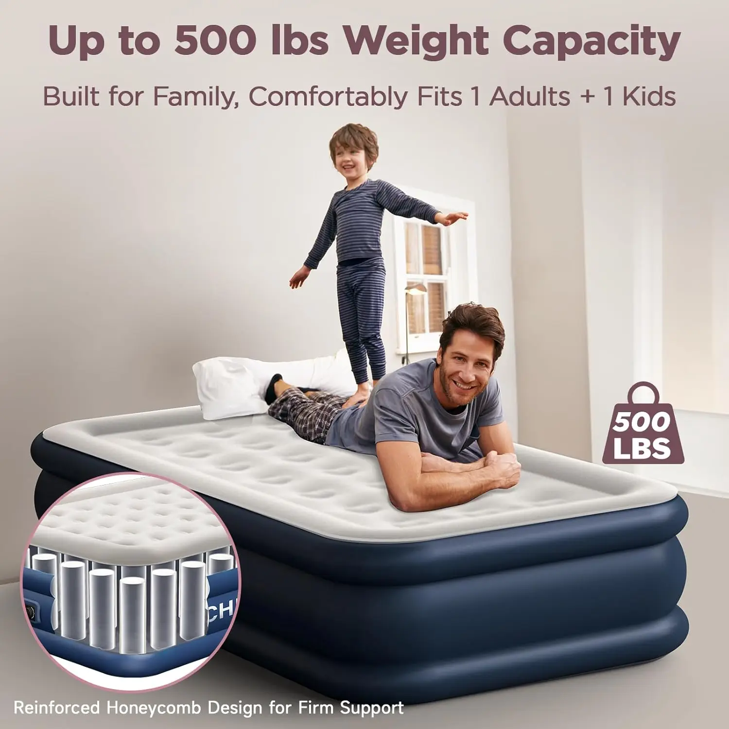 Twin XL Air Mattress with Built-in Pump, 18" Height, 80" Length, Leak-Proof, Supports 500 lbs for Home and Camping