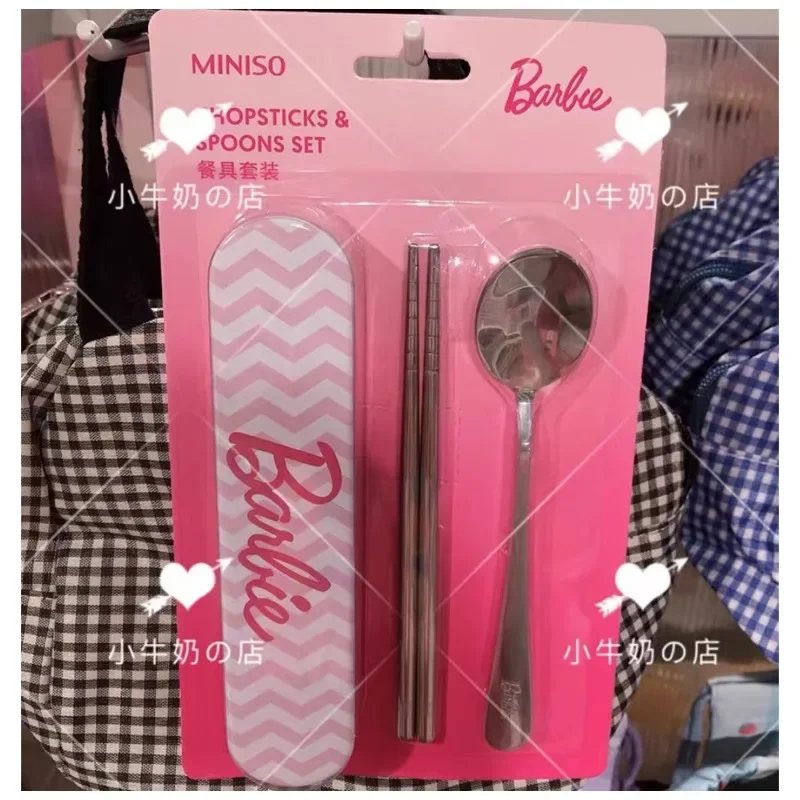 

MINISO Cute Cartoon Barbie Series Tableware Set Kawaii Stainless Steel Spoon Chopsticks Student Portable Tableware Girl Gift