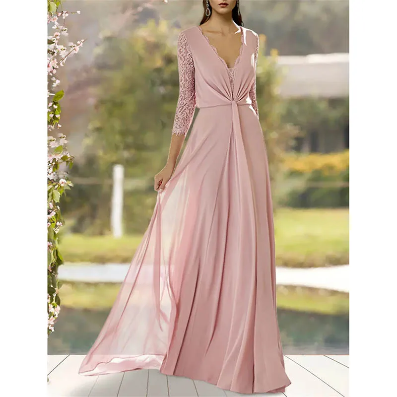 

Stylish A-Line Mother of the Bride Dress V Neck Floor Length Chiffon Lace 3/4 Length Sleeve with Pleats Wedding Guest Dress