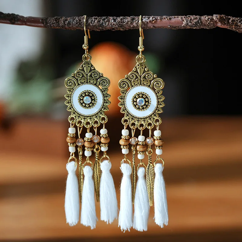 Weiße Emaille Pfau Wasser tropfen Feder Ohrringe für Frauen ethnischen eleganten langen Kristall Strass Ohrring Boho Vintage Schmuck – Detail 10