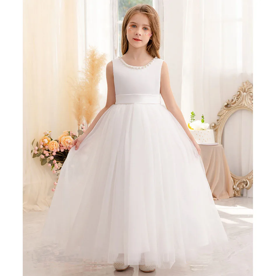 Little/Big Girls Elegant V Backless Big Bowknot Pearls Flower Girl Birthday Party Piano Show Performance Long Dress 2