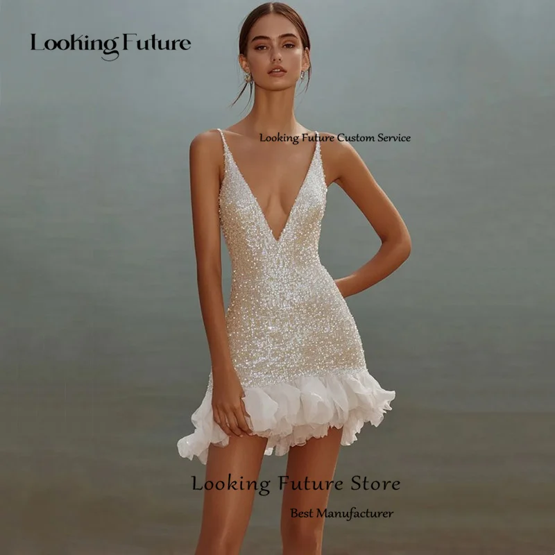 Customized Beach Mermaid Mini Wedding Dress Glitter Sexy V-Neck Spaghetti Straps Backless Pleat Sequined Short Bridal Gowns 2025 11 S8c39ab96d5fd4a27a50fc0b7025d7e2a7