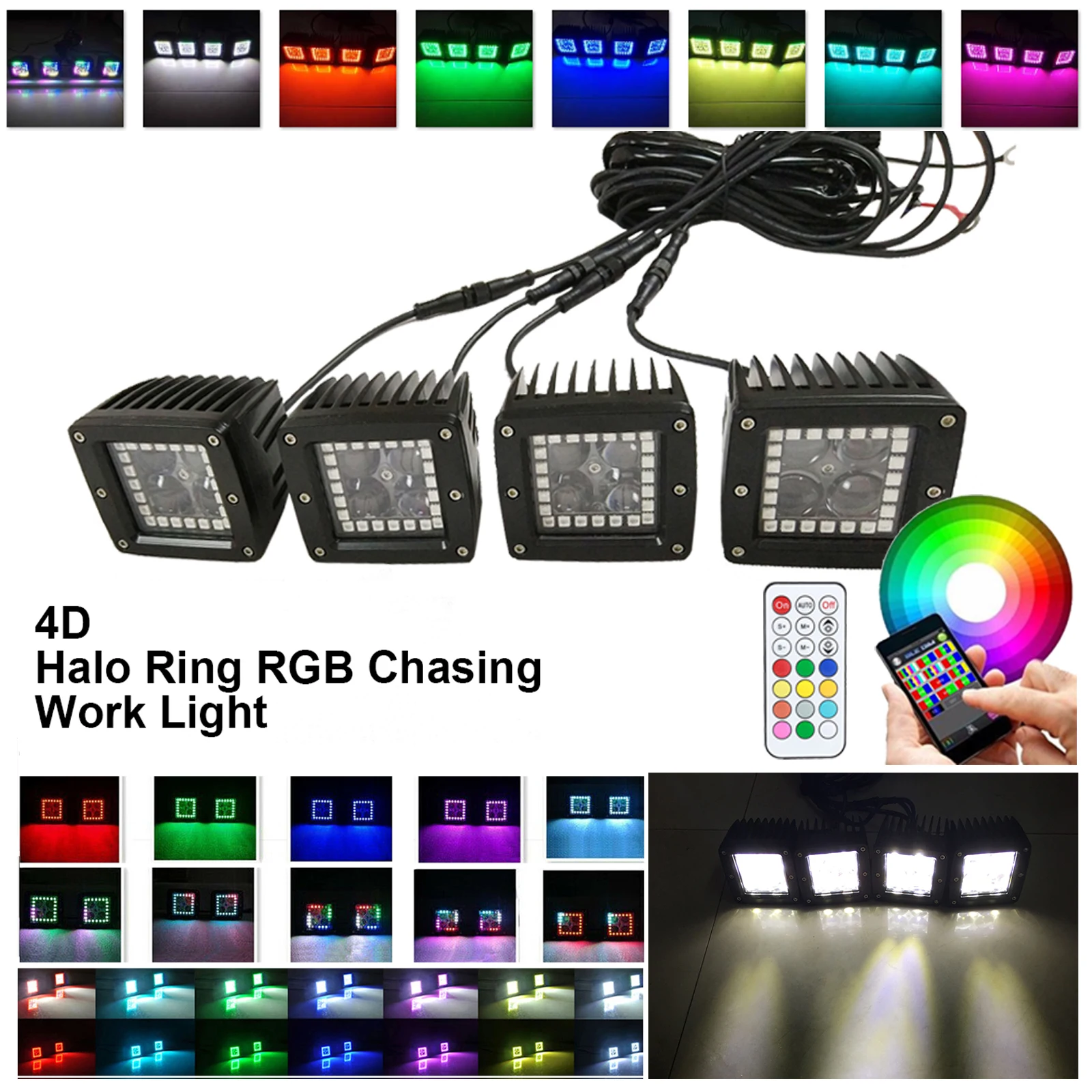 

4pcs 3inch Led Work Light Pods Waterproof with RGB Halo App/Remote Control Free Wiring Kit 120W for Off-road Truck ATV SUV Boat
