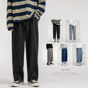 Новинка 2023, корейские модные мужские мешковатые джинсы, классические мужские прямые джинсовые брюки унисекс с широкими штанинами, в стиле хип-хоп, ярко-синие, серые, черные