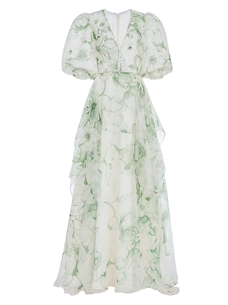 

Party Dress Women 2022 Luxury Designer Summer V-neck Floral Ruffle Lace High Quality Chiffon Slim Chic Fit Soft Sexy Elegant