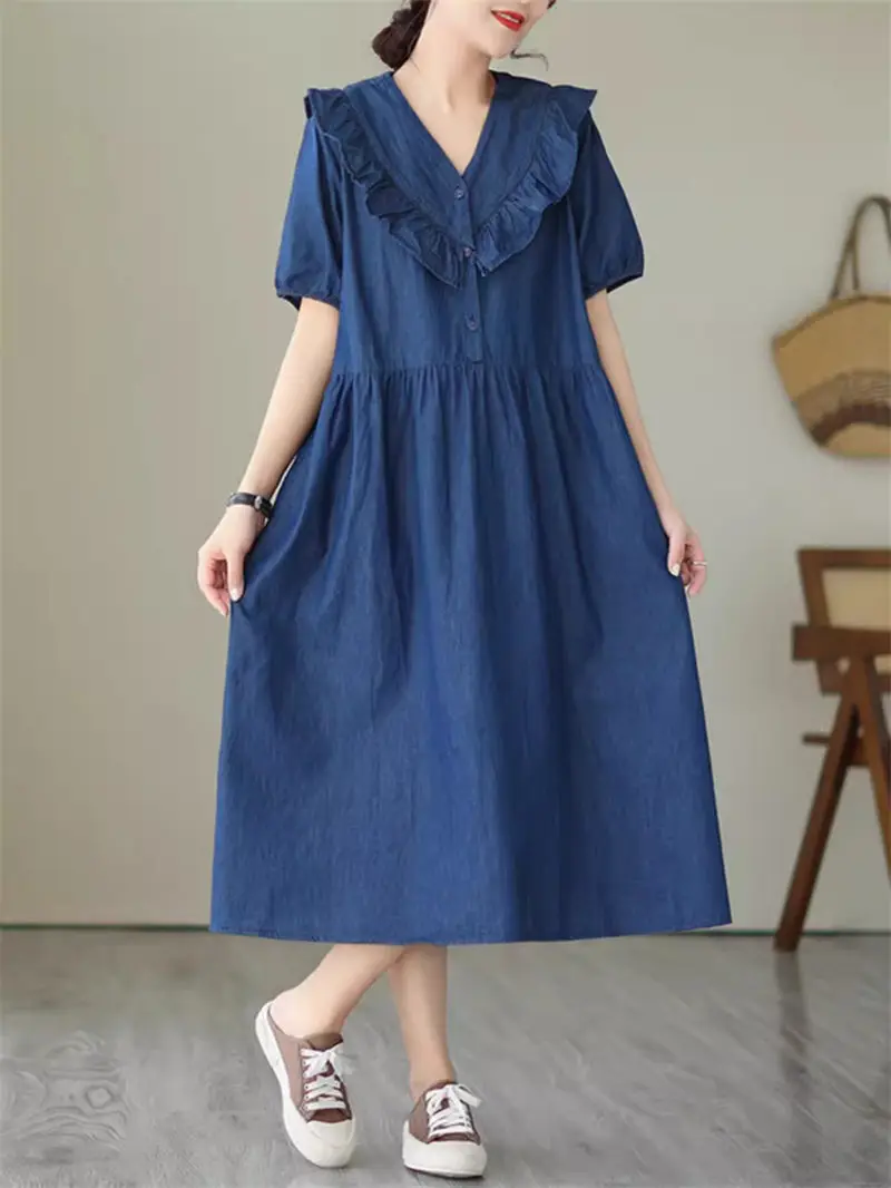 

Korean College Style V-Neck Ruffled A-Line Dress For Women's Loose Casual High Waist Denim Dress 2024 Summer Jeans Vestidos K225