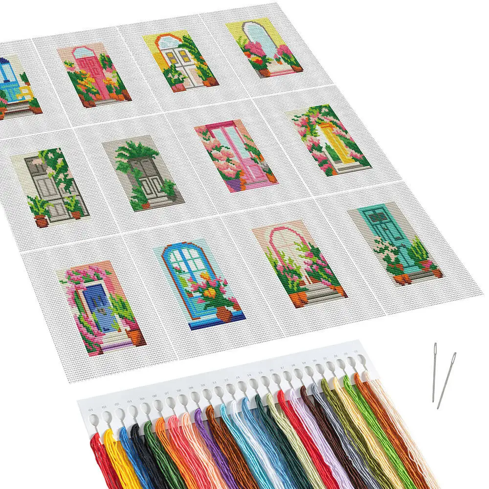 HUACAN 12pcs Door Mini Cross Stitch Kits Flower Embroidery Cotton Thread Creative Hobbies Bedroom Decoration Unique Gift