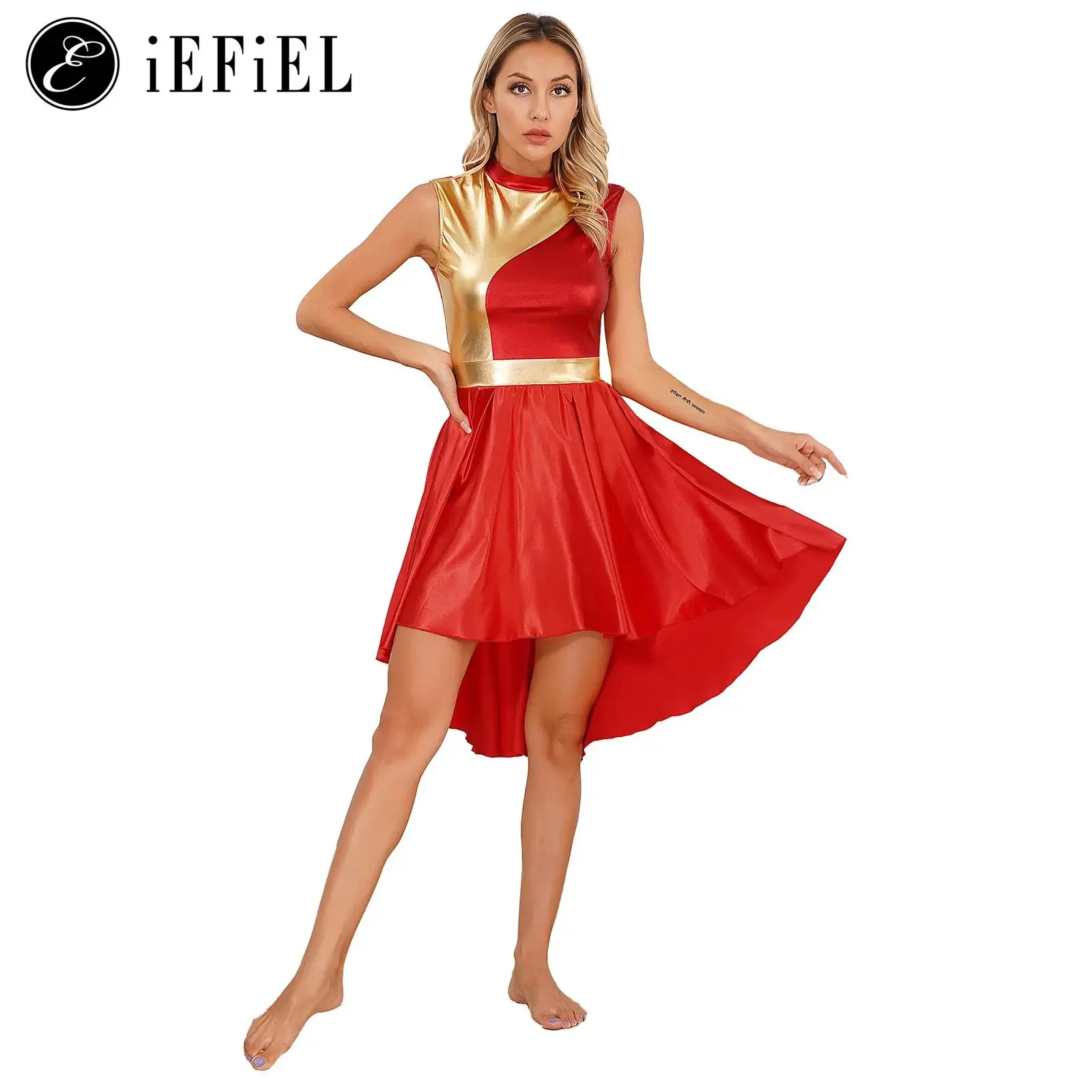 

Womens Color Block Sleeveless Irregular Hem Lyrical Ballet Dance Dress Liturgical Praise Dancewear Worship Costume