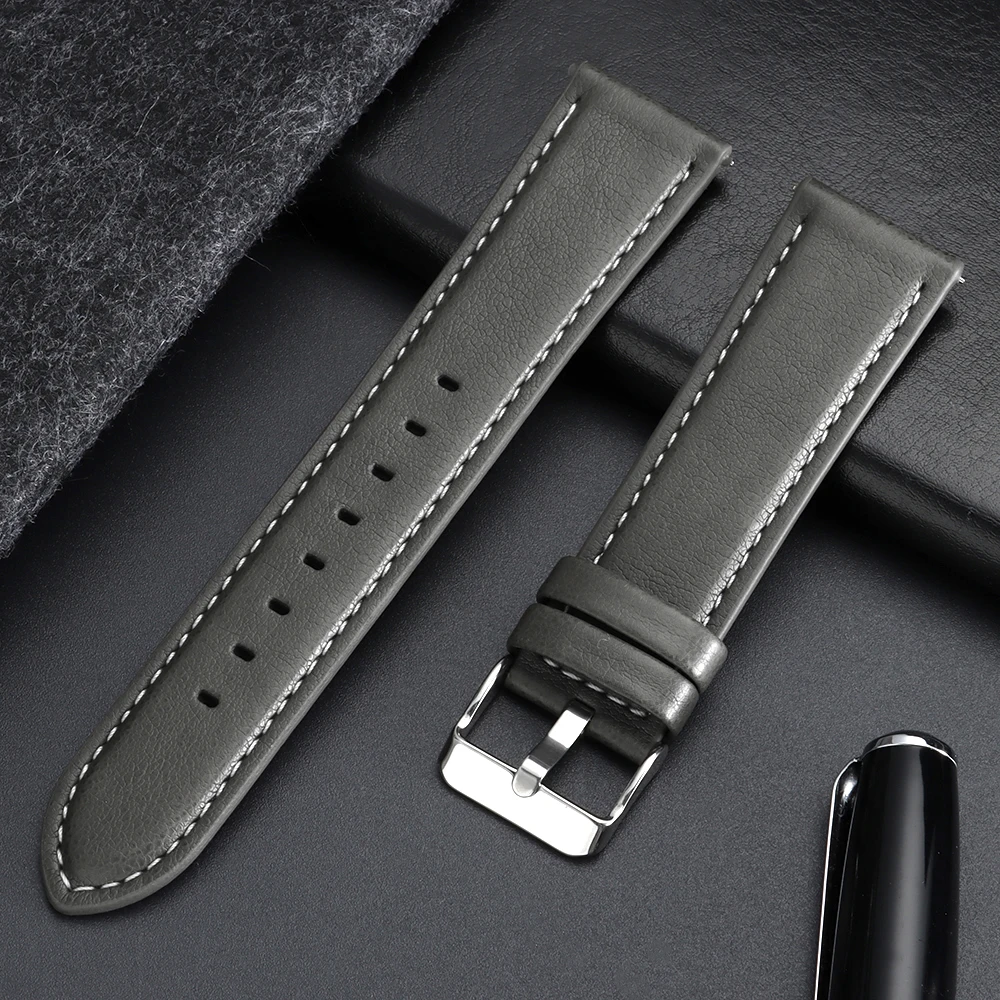 Calfskin Leather Watch Band with Silver Stainless Steel Buckle - Soft Business Wrist Strap