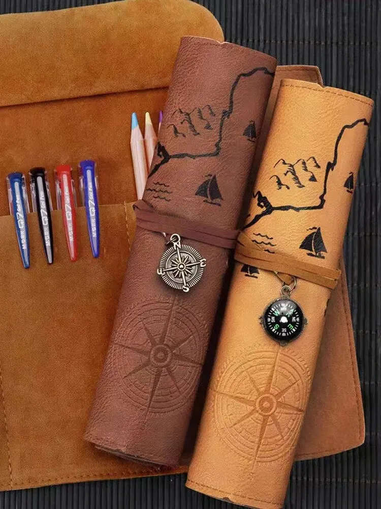 Pencil Case 1PC Creative Treasure Map Retro Leather Large Capacity Roll Pencil Bag Embossed Buckle Simple Stationery Box Roll