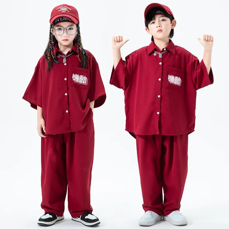 

Kid Hip Hop Clothing Red Oversized Short Sleeve Shirt Top Wide Casual Street Baggy Pants for Girl Boy Jazz Dance Costume Clothes