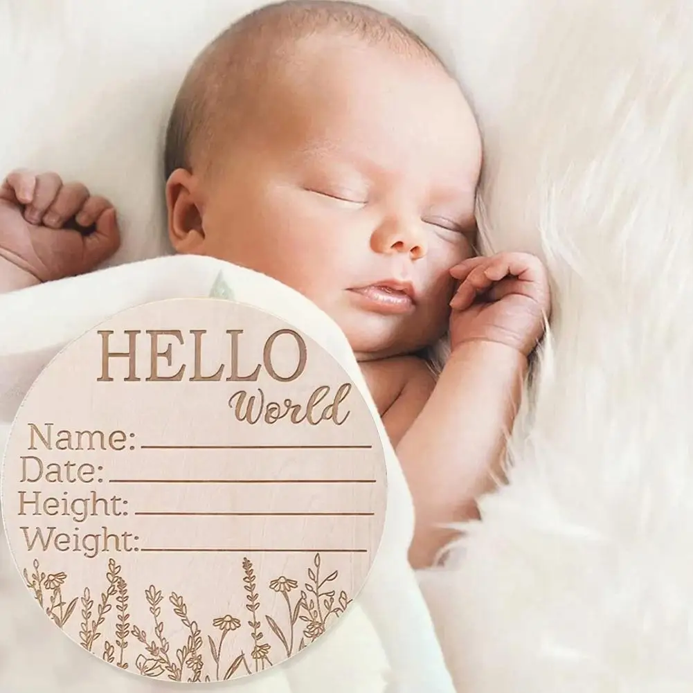 1Pc Houten Hello World Geboorte Aankondiging Diy Hout Teken Baby Milestone Kaart Opname Kaarten Baby Fotografie Props Geboorte Kaarten