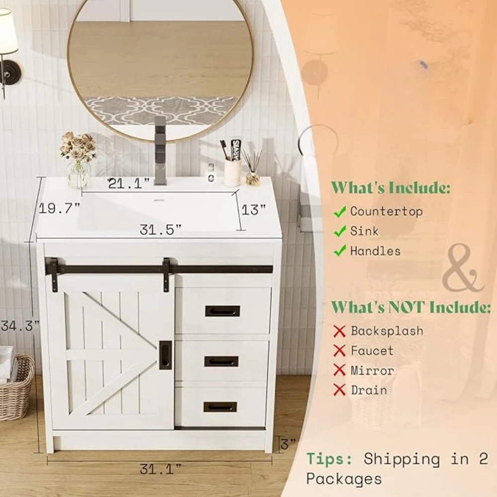 Farmhouse Bathroom Vanity with Sink Combo,Sliding Barn Door Bathroom Vanity Cabinet Set with Storage Drawers, Metal Handles 2