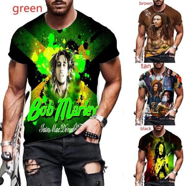 

New Men's Personality Hip-hop Rock Short Sleeve Bob Marley 3D Printing T Shirt Reggae Music Style Tee