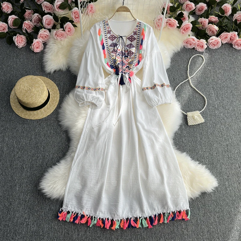 

AYUALIN Vintage Ethnic Embroidery Summer Dresses 2022 Casual O-neck Long Dress for Women High Waist Beach Wear Long Vestidos