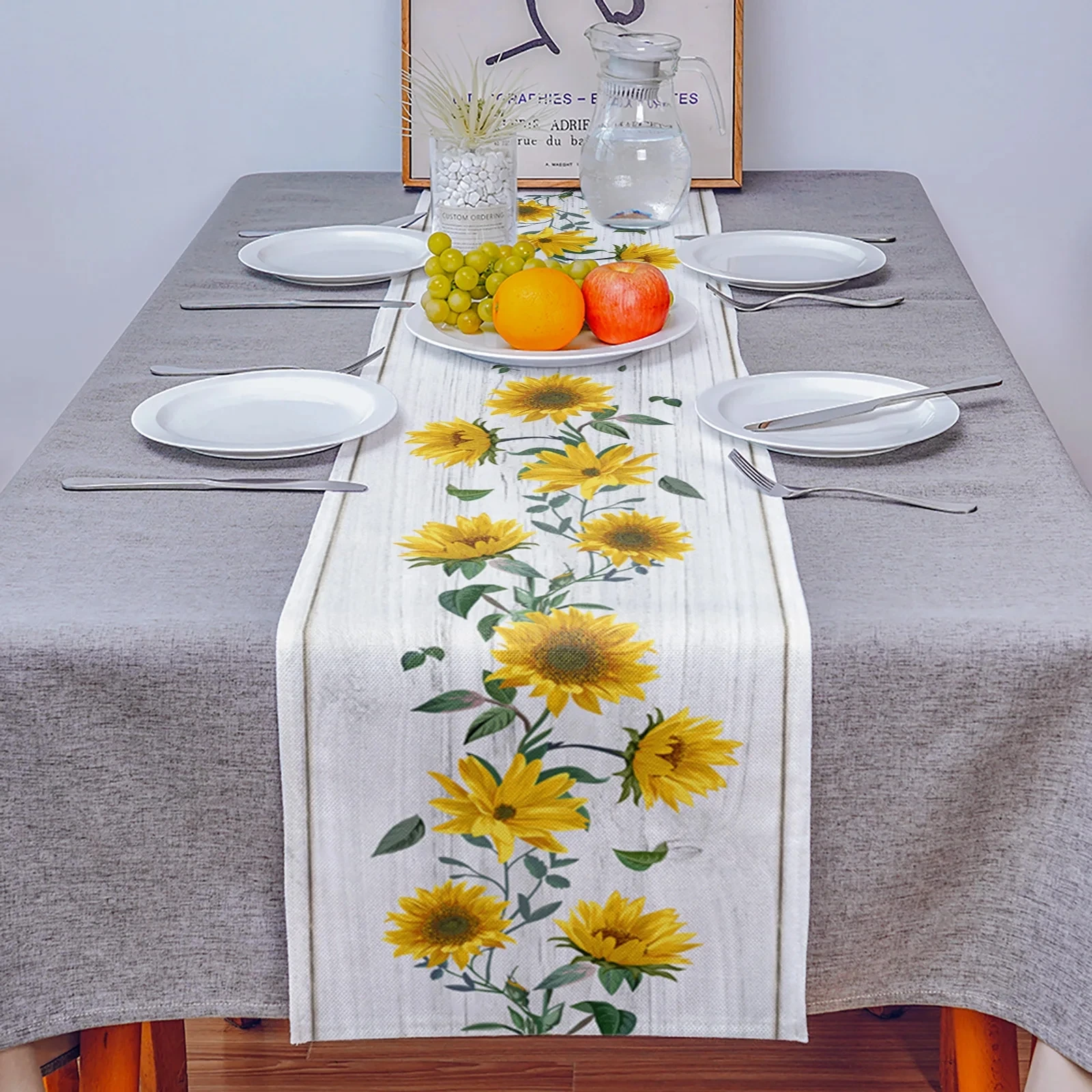 Sunflower Wood Grain Retro Linen Table Runner Kitchen Table Decor Farmhouse Dining Table Runners Wedding Party Decorations