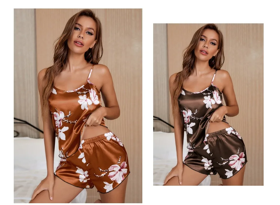 ladies pajama 2022 New Fashion Sexy Floral Pajama Set Women's 2 Pieces Sleepwear Pyjamas Silk Satin Cami Top and Shorts Pajamas for Women Pajama Sets