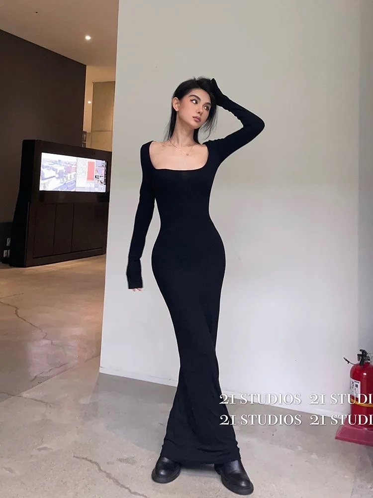 

Women Spring Autumn Style Long Sleeve low cut Collar Mermaid Sexy Dress Vestidos