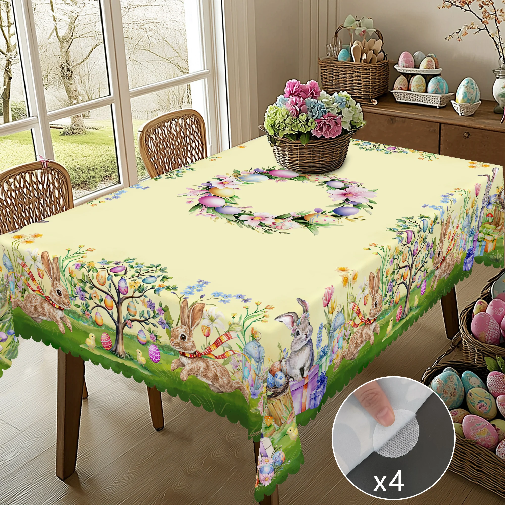 1 Easter Round Tablecloth, 5 Sizes Available, Tulip Easter Bunny Egg Garden Printed Square Tablecloth, Edge Embossing Process, Spring Garden Tablecloth Decoration, Tablecloth for Daily Home Kitchen, Terrace Use, Easter Decoration 4