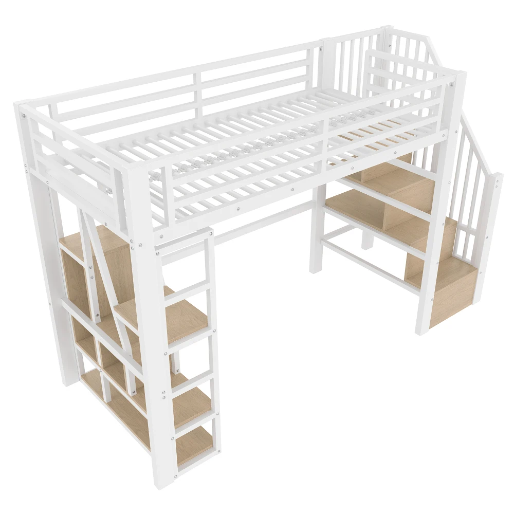 90 x 200 cm/140 x 200 cm Hochbett, Eisenrahmen, integrierte Stufen, Geländer, Leiter, mit LED-Lichtleiste, offener Stauraum unter dem Bett – Detail 22