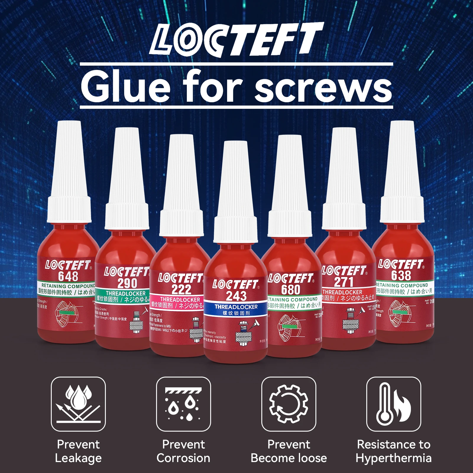 Threadlocker Glue 10ml Loctites 222 242 243 262 263 271 272 277 290 Blue Screw Glues Thread Locking Agents Anaerobic Glues Anti Loose