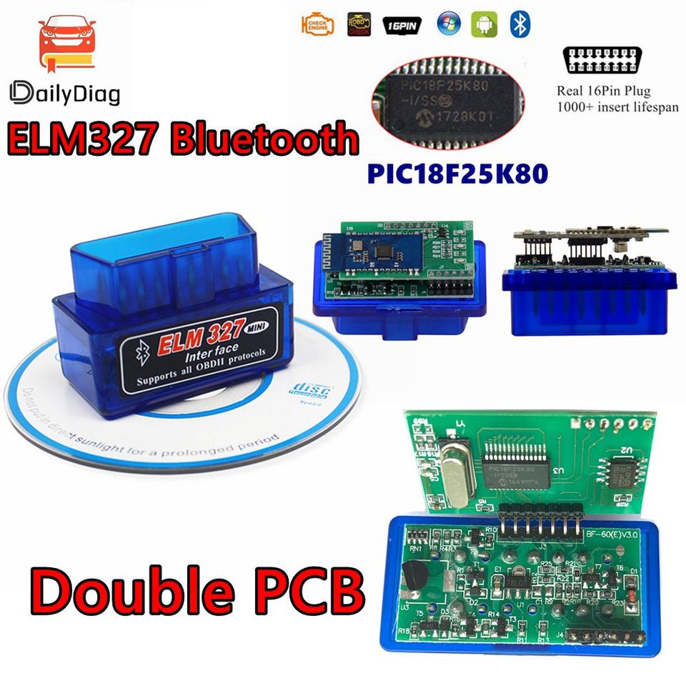 Mini ELM327 Bluetooth V1.5 With 2PCB BOARD PIC18F25K80 Chip Bluetooth Scan Tool OBD2 Scanner Universal Disgnostic Tool Android