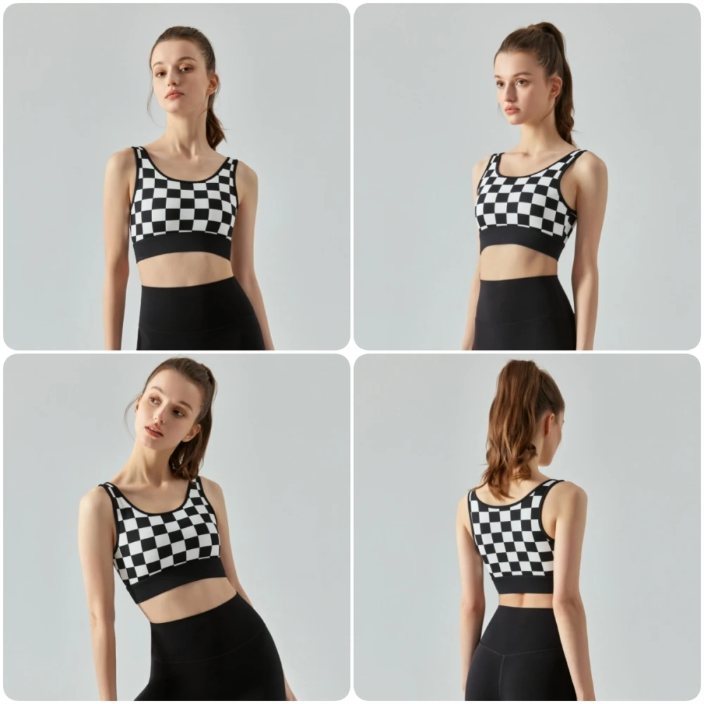 

Emily New Nude Skin Breathable Sports Bra Running Shockproof Fitness Top Checkerboard Yoga Tank Top with Removable Chest Pad
