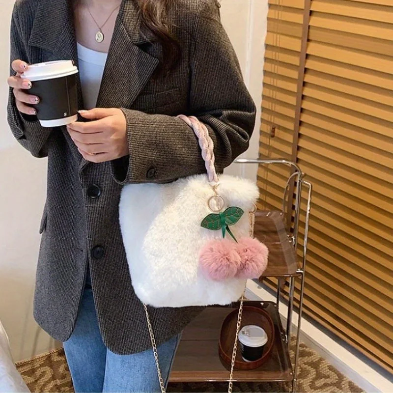 Cute Fashion Shoulder Bags Cherry Plush Tote Bag For Women Winter Warm Fluffy Bucket Bag Simple Cherry Plush Handbag
