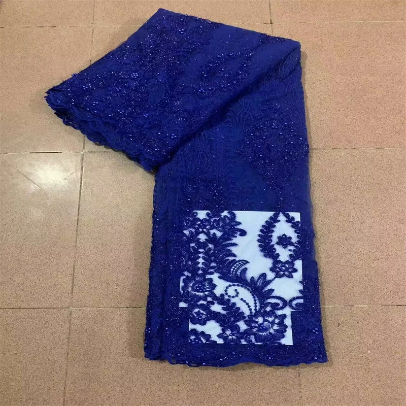 

African Lace Fabric 5 Yards 2024 Blue Embroidery Nigerian Lace Fabric High Quality Cord Beads French Net Lace for Wedding Dress