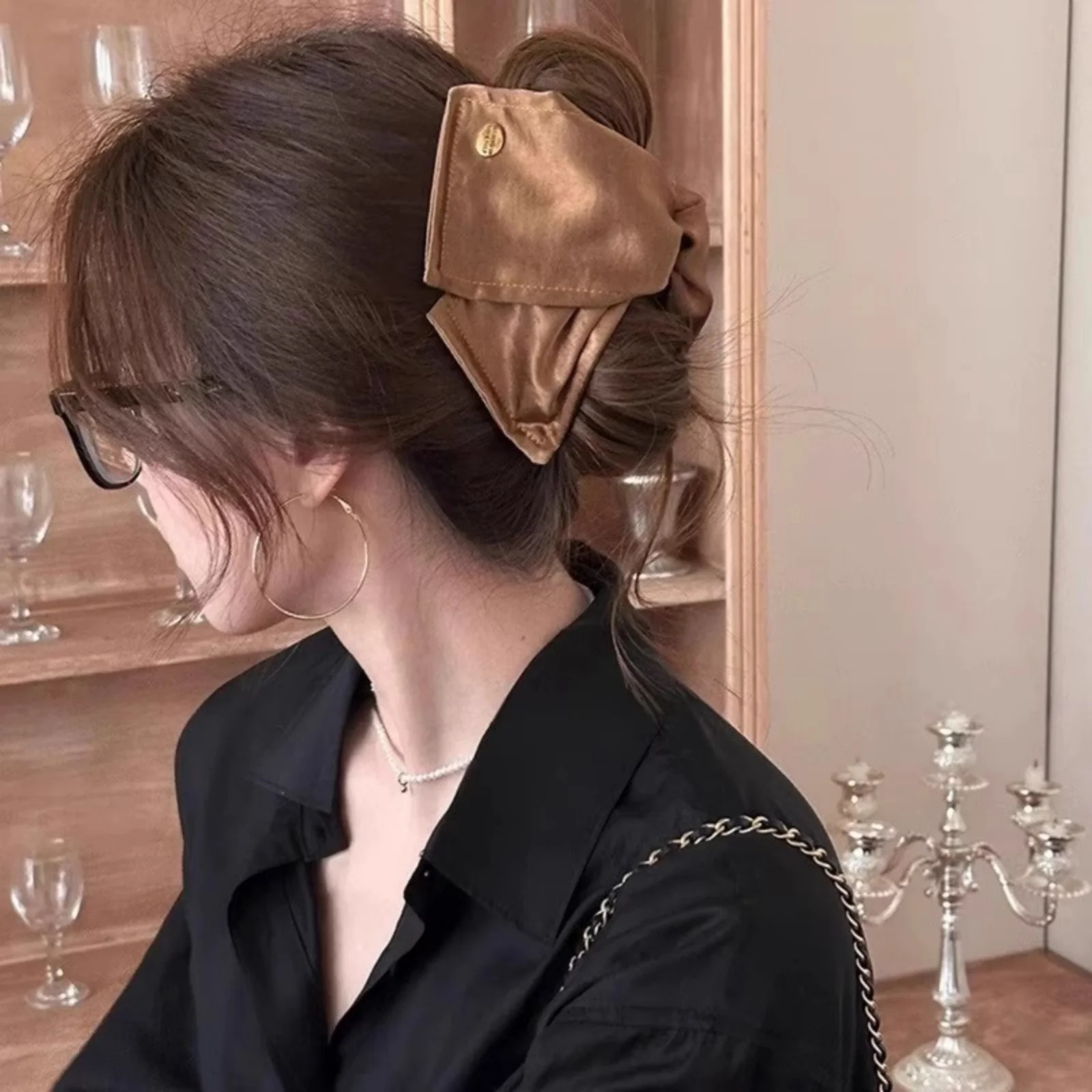 1PC Satin Bow Hair Clips, Elegant Hair Accessories for Women, 2 - Color Set (Black & Beige), Perfect for Stylish Hairstyles