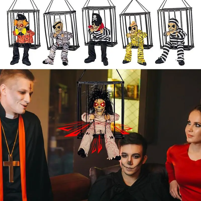 

Клетка-заключенный на Хэллоуин, кричащие анимированные украшения на Хэллоуин для электрических светящихся глаз, подвесная говорящая клетка, подвесные реквизиты